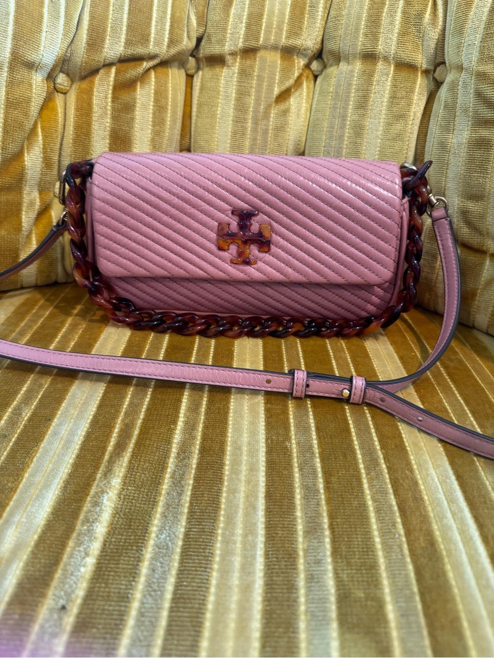 Tory Burch Blush Quilted Leather Chain-Trim Crossbody